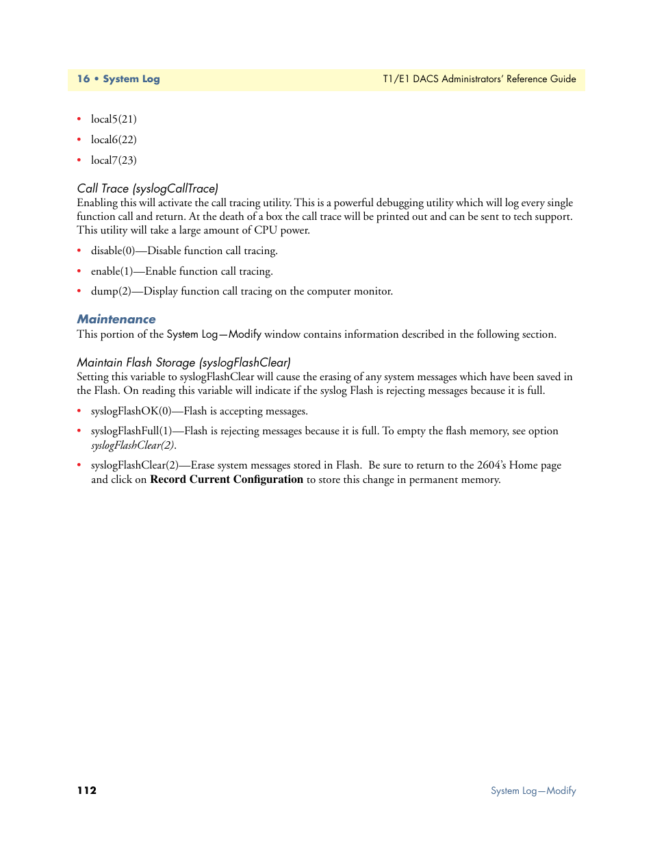 Call trace (syslogcalltrace), Maintenance, Maintain flash storage (syslogflashclear) | Patton electronic Model 2604 User Manual | Page 114 / 148