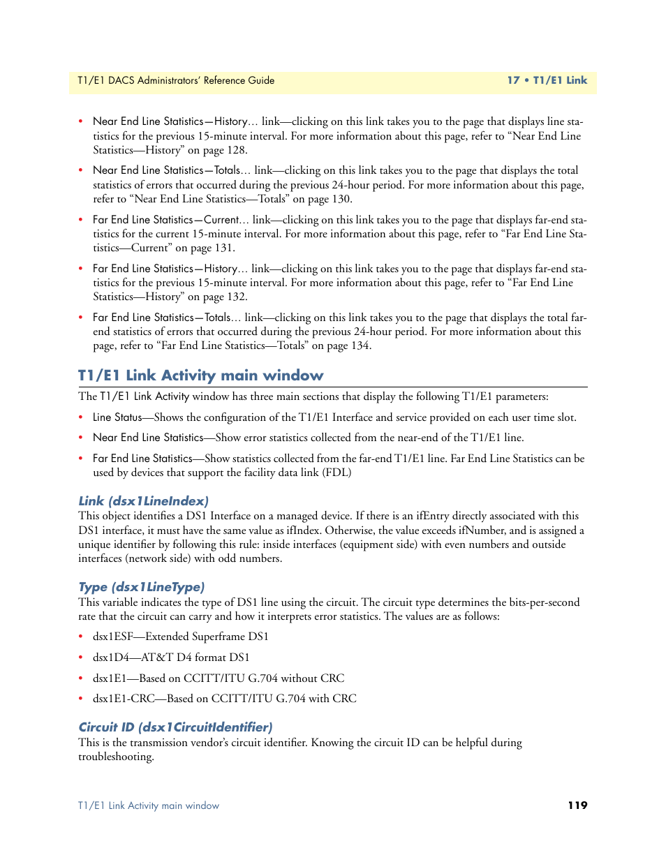 T1/e1 link activity main window, Link (dsx1lineindex), Type (dsx1linetype) | Circuit id (dsx1circuitidentifier) | Patton electronic Model 2604 User Manual | Page 121 / 148