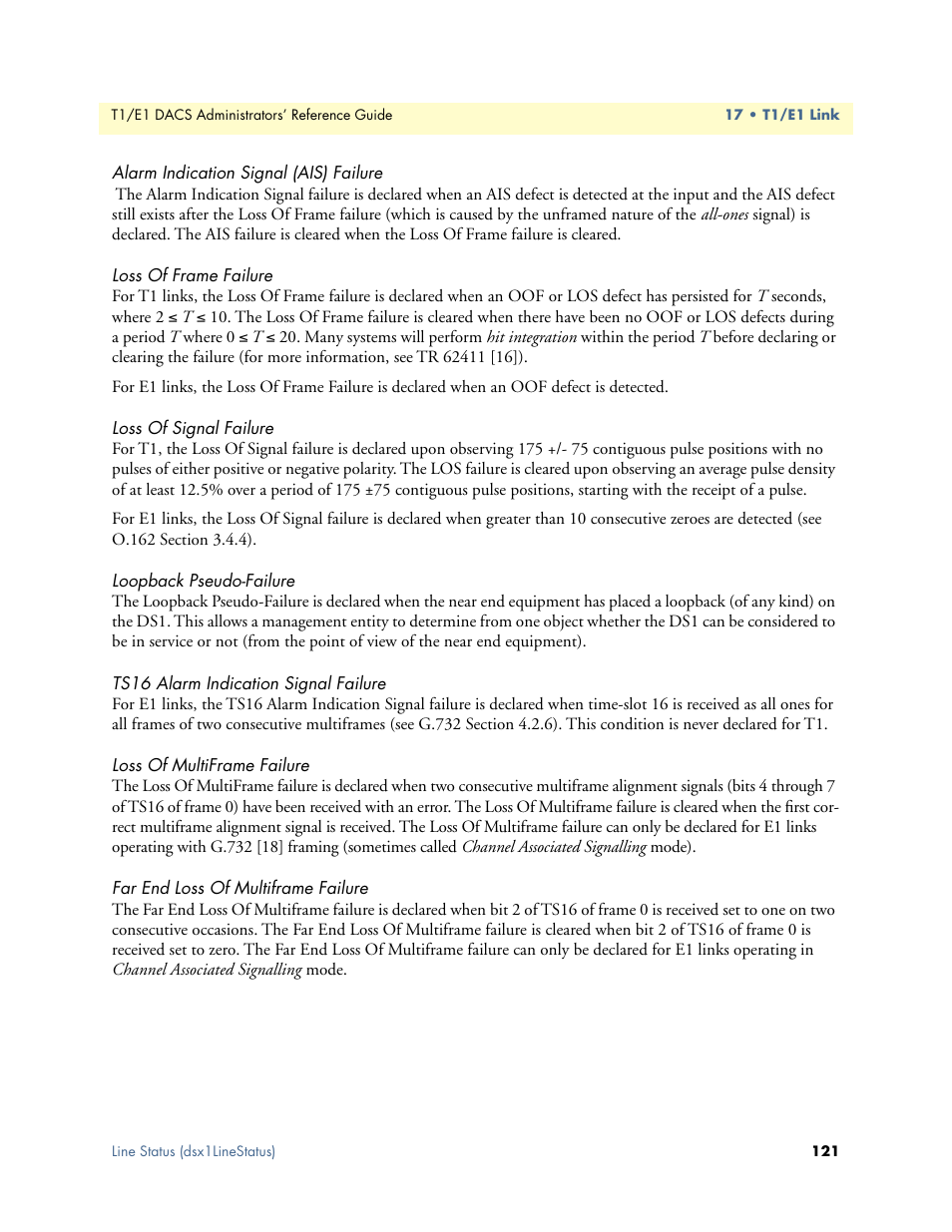 Alarm indication signal (ais) failure, Loss of frame failure, Loss of signal failure | Loopback pseudo-failure, Ts16 alarm indication signal failure, Loss of multiframe failure, Far end loss of multiframe failure | Patton electronic Model 2604 User Manual | Page 123 / 148