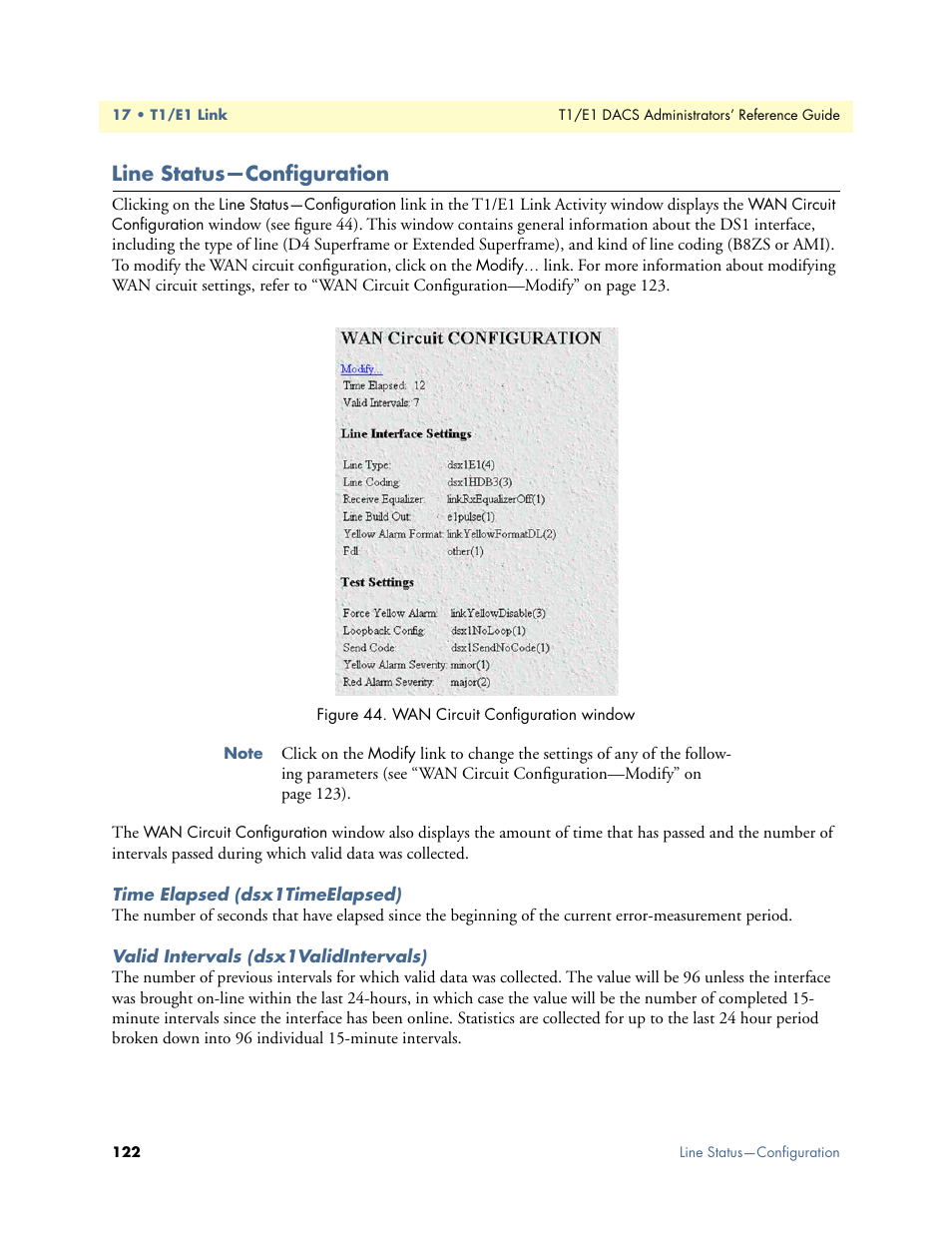 Line status—configuration, Time elapsed (dsx1timeelapsed), Valid intervals (dsx1validintervals) | Patton electronic Model 2604 User Manual | Page 124 / 148
