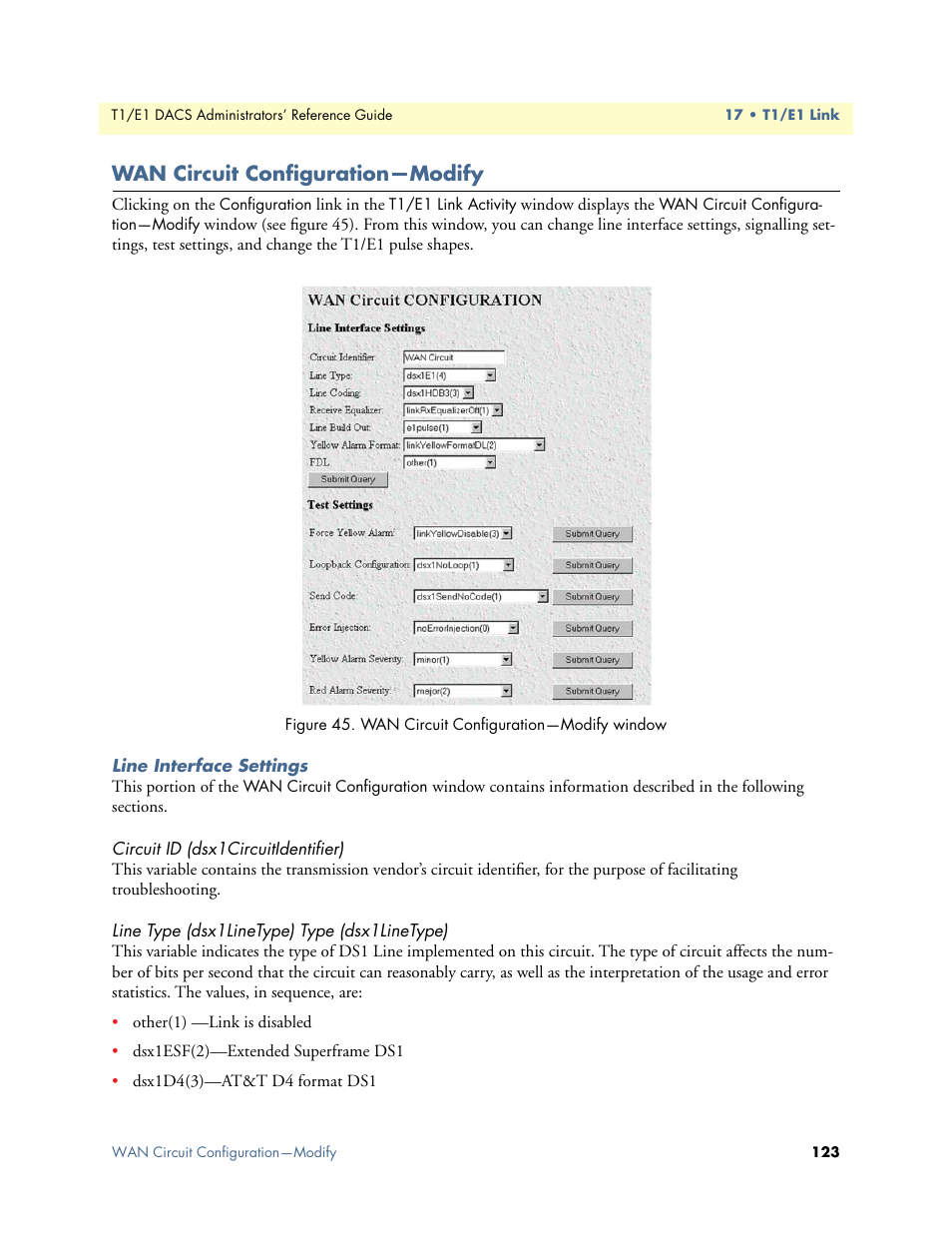 Wan circuit configuration—modify, Line interface settings, Circuit id (dsx1circuitidentifier) | Line type (dsx1linetype) type (dsx1linetype) | Patton electronic Model 2604 User Manual | Page 125 / 148