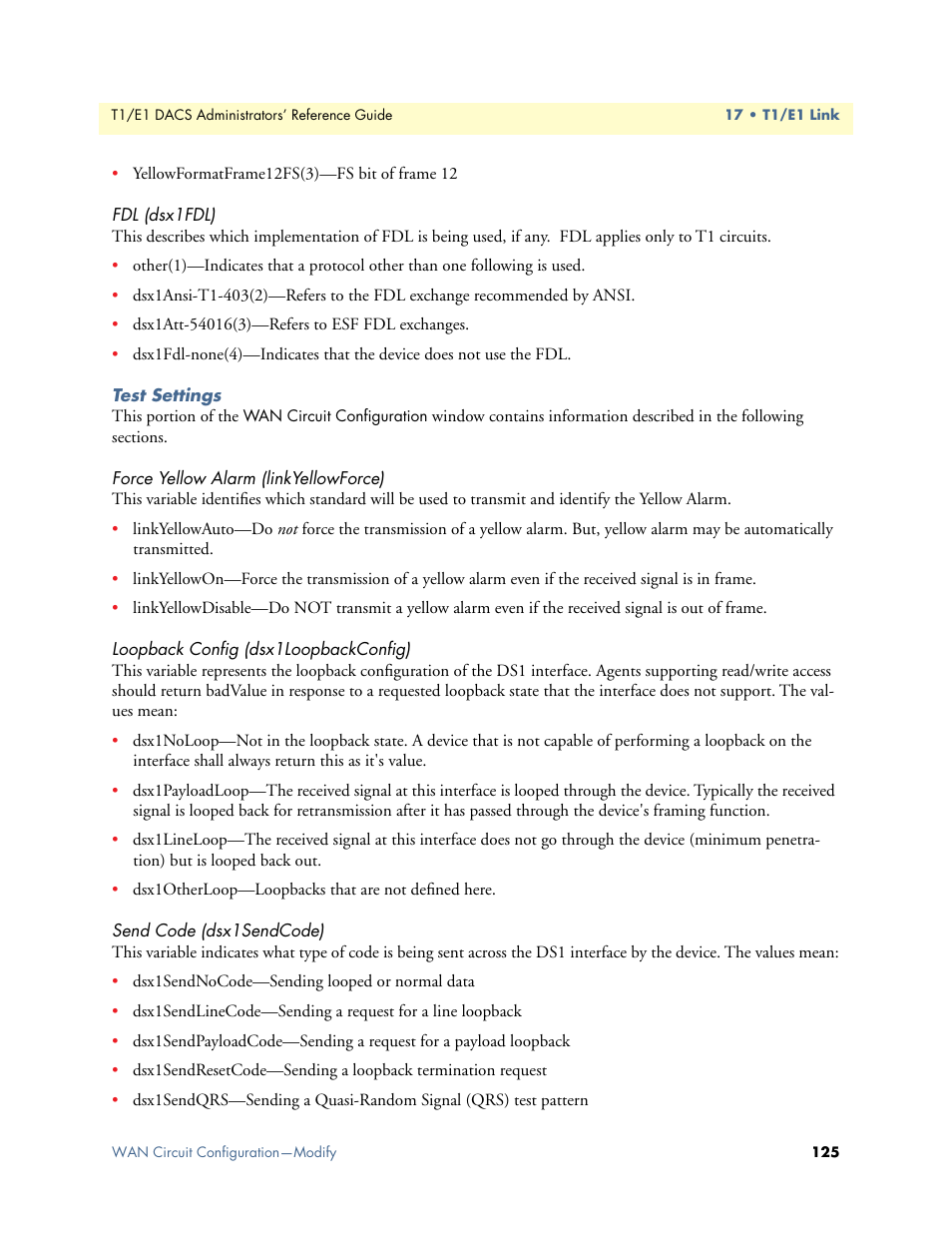 Fdl (dsx1fdl), Test settings, Force yellow alarm (linkyellowforce) | Loopback config (dsx1loopbackconfig), Send code (dsx1sendcode) | Patton electronic Model 2604 User Manual | Page 127 / 148