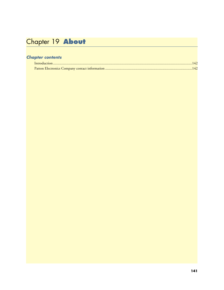 Chapter 19 about, 19 about, Chapter 19 describes the contents of the a | Patton electronic Model 2604 User Manual | Page 143 / 148