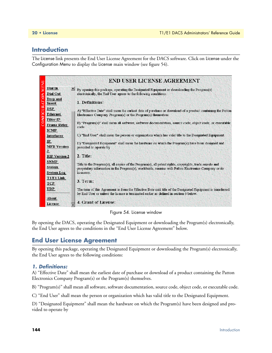 Introduction, End user license agreement, Definitions | Introduction end user license agreement | Patton electronic Model 2604 User Manual | Page 146 / 148