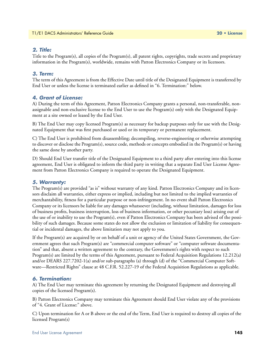 Title, Term, Grant of license | Warranty, Termination | Patton electronic Model 2604 User Manual | Page 147 / 148