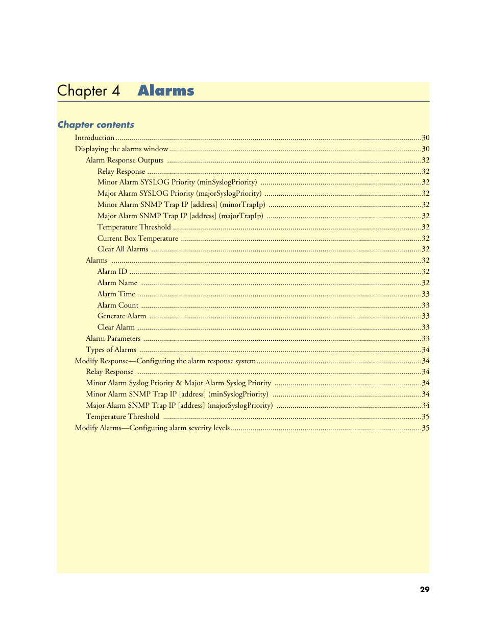 Chapter 4 alarms, 4 alarms, Chapter 4 describes configuring the alarms windo | Patton electronic Model 2604 User Manual | Page 31 / 148