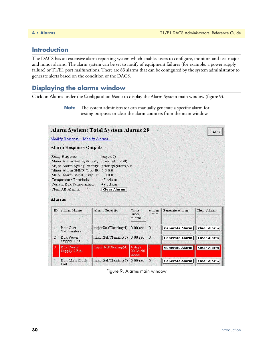 Introduction, Displaying the alarms window, Introduction displaying the alarms window | Patton electronic Model 2604 User Manual | Page 32 / 148