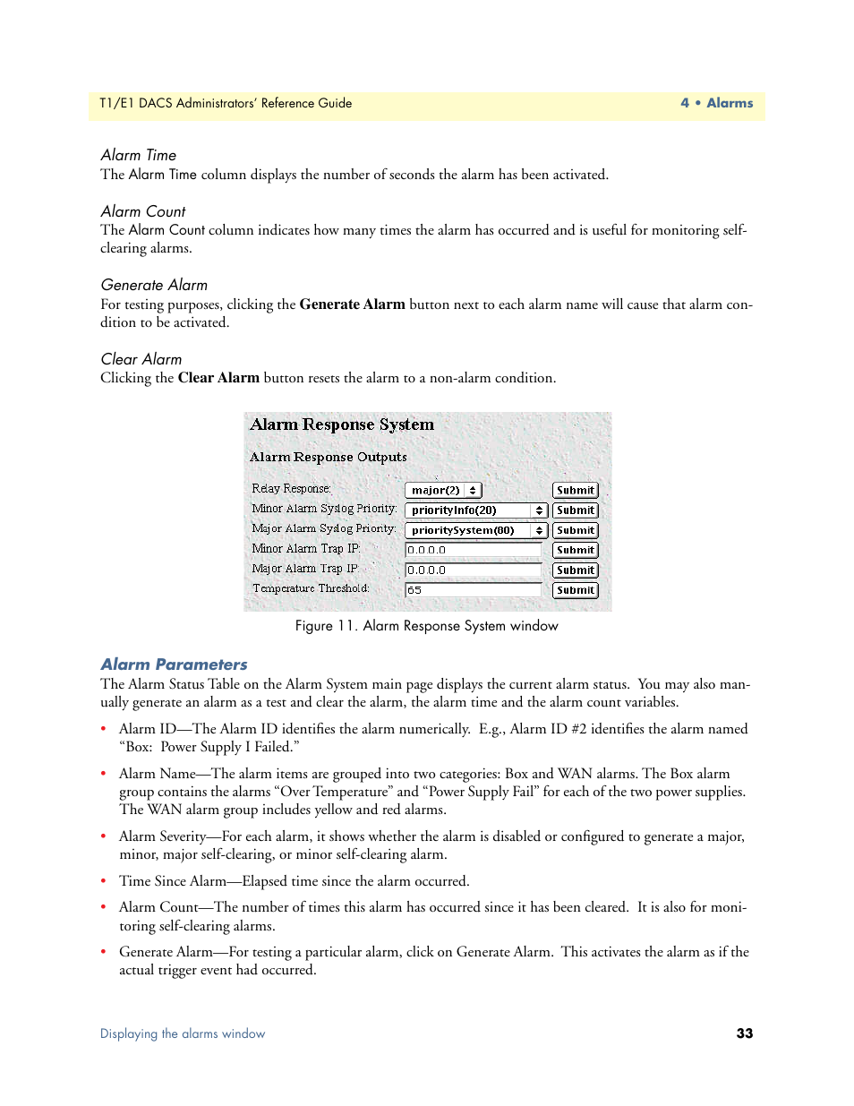 Alarm time, Alarm count, Generate alarm | Clear alarm, Alarm parameters, Alarm time alarm count generate alarm clear alarm | Patton electronic Model 2604 User Manual | Page 35 / 148