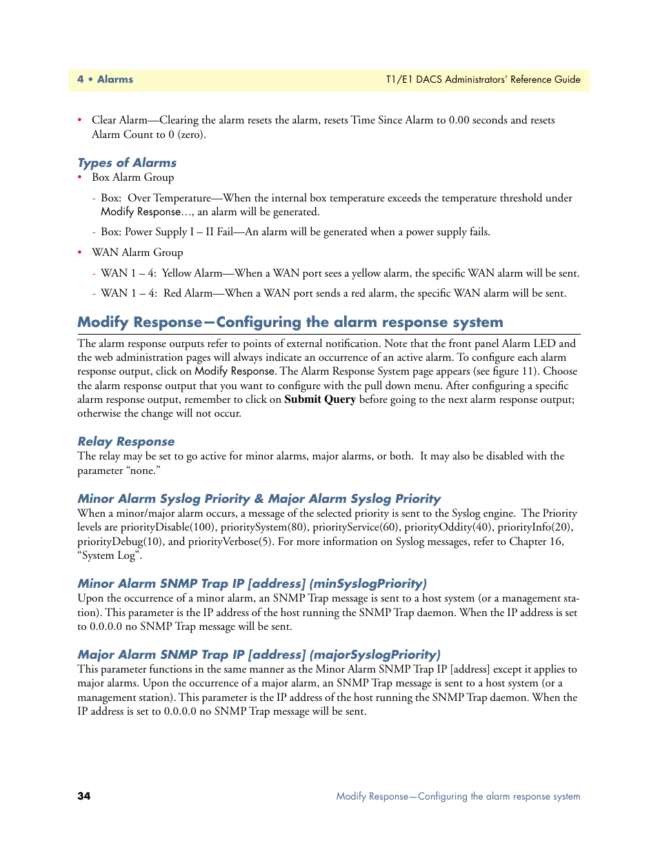 Types of alarms, Relay response | Patton electronic Model 2604 User Manual | Page 36 / 148
