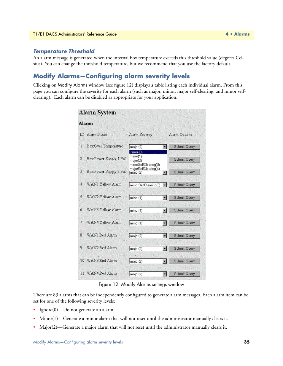 Temperature threshold, Modify alarms—configuring alarm severity levels | Patton electronic Model 2604 User Manual | Page 37 / 148
