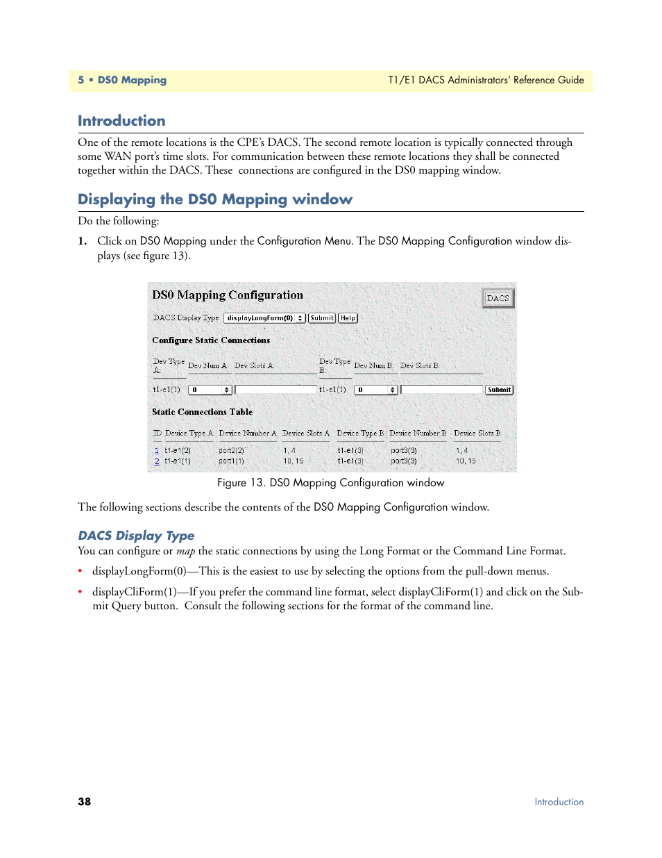 Introduction, Displaying the ds0 mapping window, Dacs display type | Introduction displaying the ds0 mapping window | Patton electronic Model 2604 User Manual | Page 40 / 148