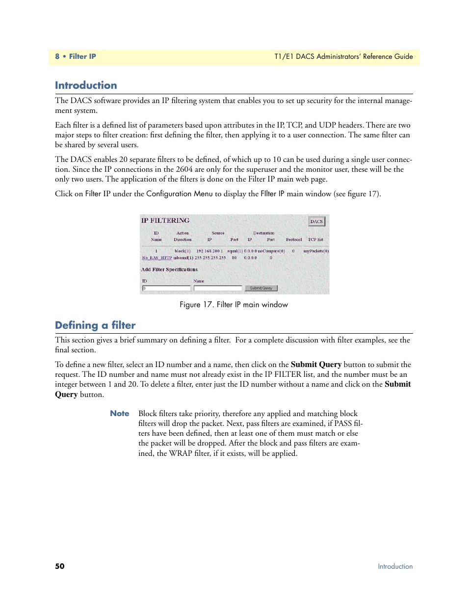 Introduction, Defining a filter, Introduction defining a filter | Patton electronic Model 2604 User Manual | Page 52 / 148