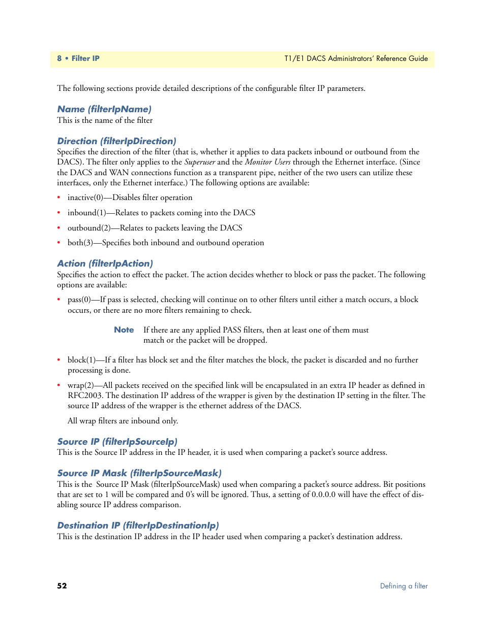 Name (filteripname), Direction (filteripdirection), Action (filteripaction) | Source ip (filteripsourceip), Source ip mask (filteripsourcemask), Destination ip (filteripdestinationip) | Patton electronic Model 2604 User Manual | Page 54 / 148
