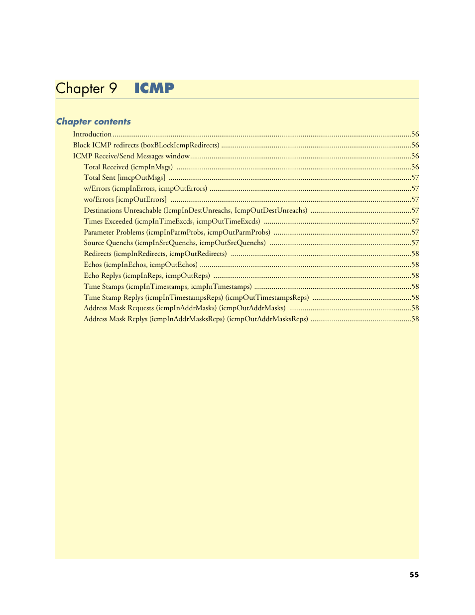 Chapter 9 icmp, 9 icmp, Chapter 9 describes configuring the icmp windo | Patton electronic Model 2604 User Manual | Page 57 / 148