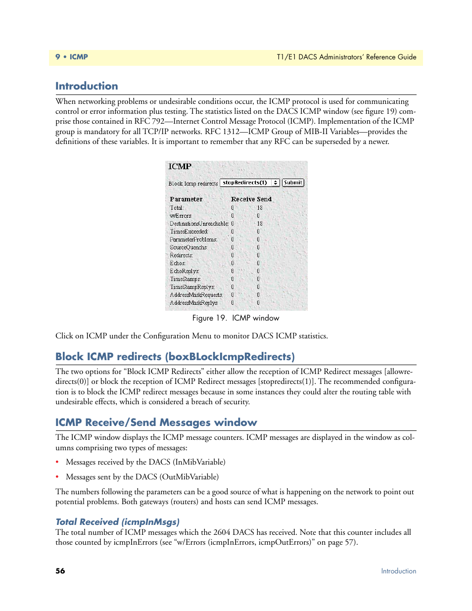 Introduction, Block icmp redirects (boxblockicmpredirects), Icmp receive/send messages window | Total received (icmpinmsgs) | Patton electronic Model 2604 User Manual | Page 58 / 148