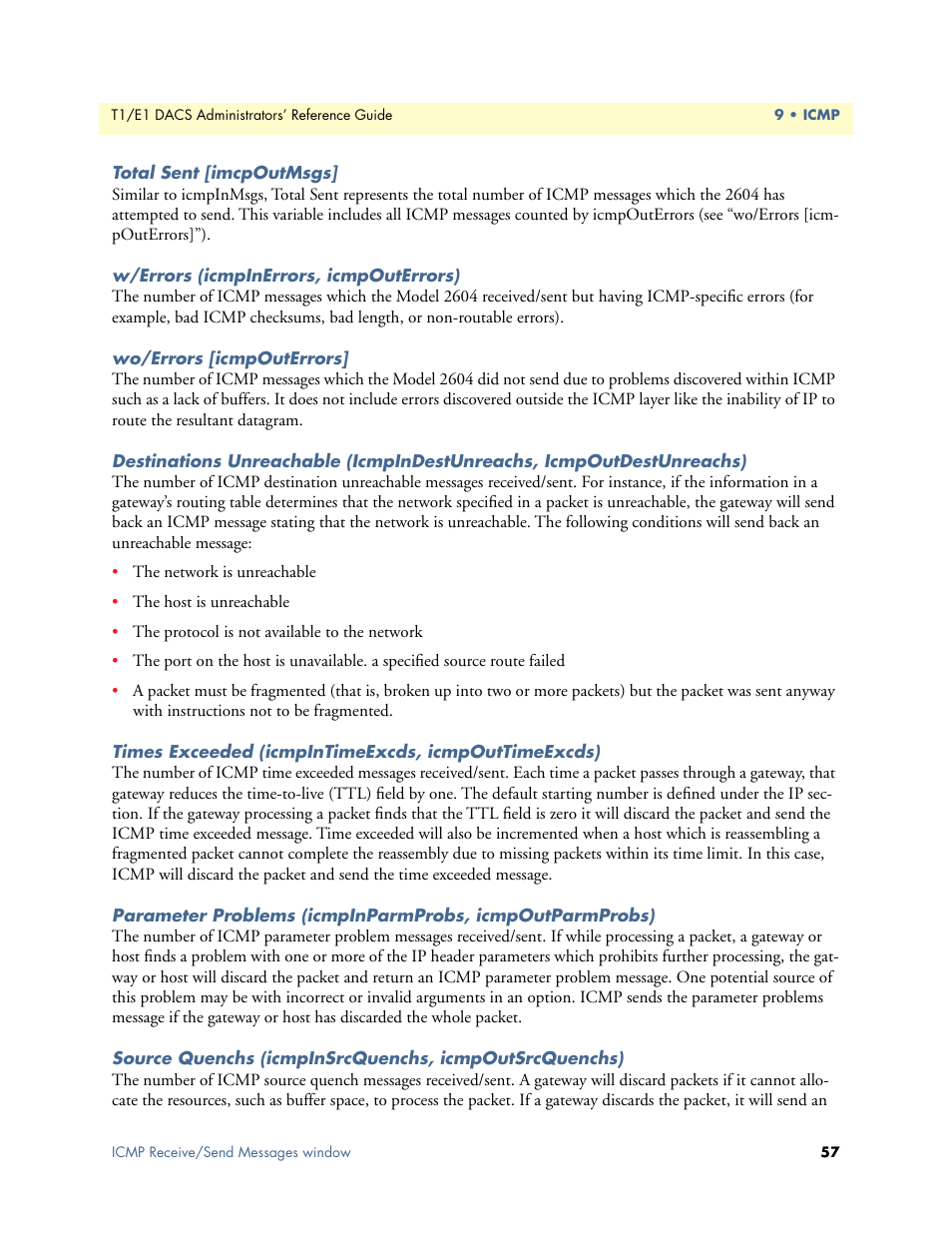 Total sent [imcpoutmsgs, W/errors (icmpinerrors, icmpouterrors), Wo/errors [icmpouterrors | Times exceeded (icmpintimeexcds, icmpouttimeexcds) | Patton electronic Model 2604 User Manual | Page 59 / 148
