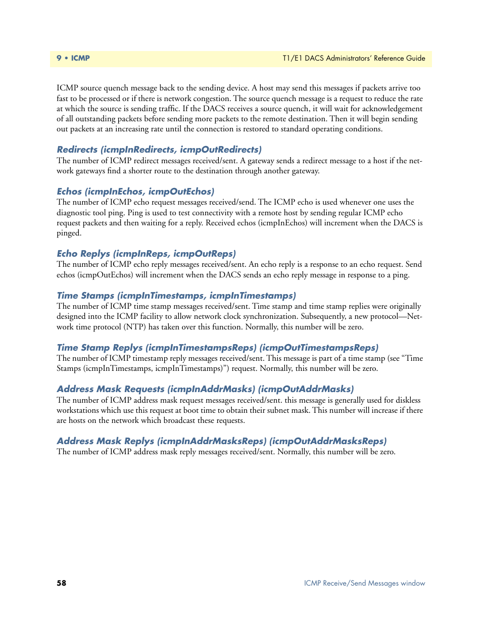 Redirects (icmpinredirects, icmpoutredirects), Echos (icmpinechos, icmpoutechos), Echo replys (icmpinreps, icmpoutreps) | Time stamps (icmpintimestamps, icmpintimestamps) | Patton electronic Model 2604 User Manual | Page 60 / 148