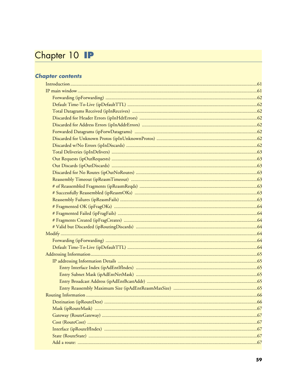 Chapter 10 ip, 10 ip, Chapter 10 describes configuring the ip windo | Patton electronic Model 2604 User Manual | Page 61 / 148