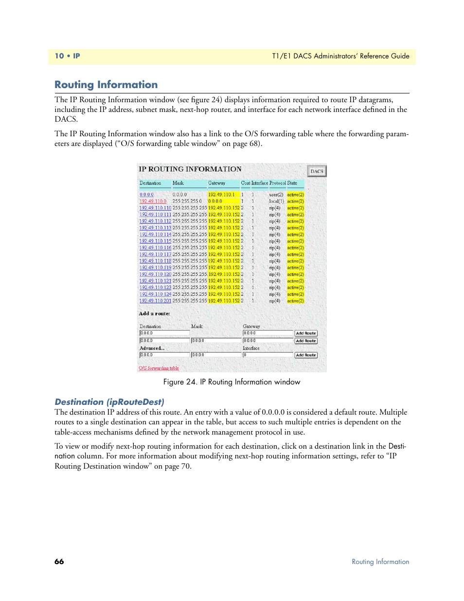 Routing information, Destination (iproutedest) | Patton electronic Model 2604 User Manual | Page 68 / 148