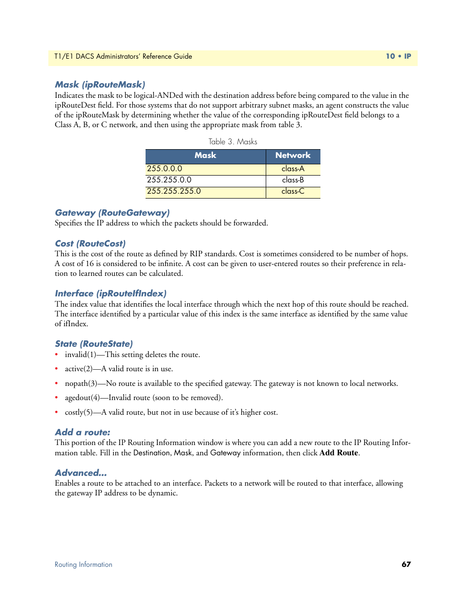 Mask (iproutemask), Gateway (routegateway), Cost (routecost) | Interface (iprouteifindex), State (routestate), Add a route, Advanced | Patton electronic Model 2604 User Manual | Page 69 / 148