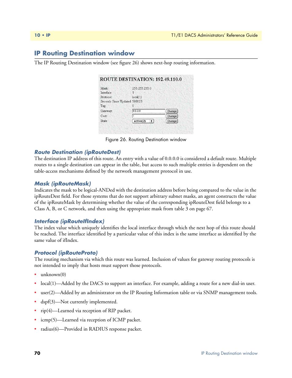 Ip routing destination window, Route destination (iproutedest), Mask (iproutemask) | Interface (iprouteifindex), Protocol (iprouteproto), Efer to “ip | Patton electronic Model 2604 User Manual | Page 72 / 148