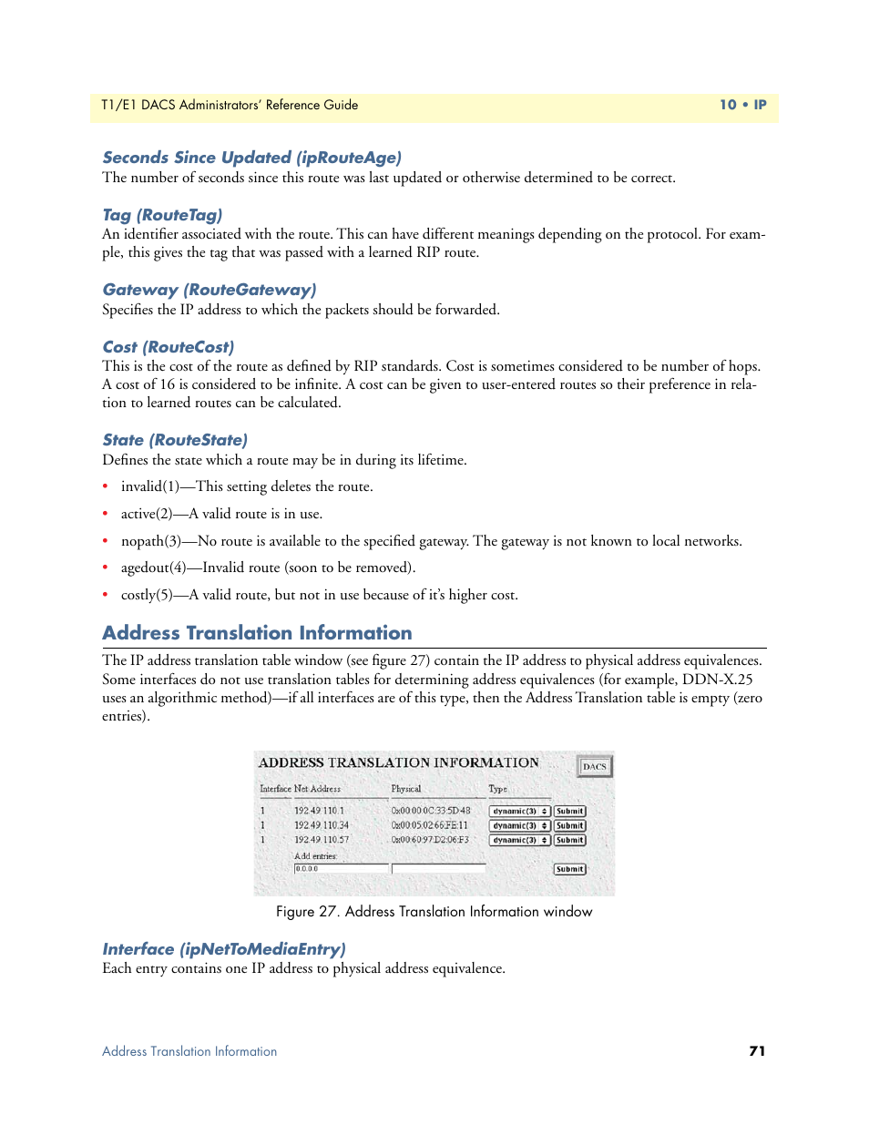 Seconds since updated (iprouteage), Tag (routetag), Gateway (routegateway) | Cost (routecost), State (routestate), Address translation information, Interface (ipnettomediaentry) | Patton electronic Model 2604 User Manual | Page 73 / 148