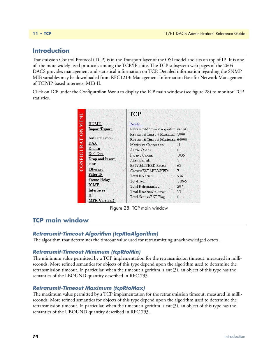Introduction, Tcp main window, Retransmit-timeout algorithm (tcprtoalgorithm) | Retransmit-timeout minimum (tcprtomin), Retransmit-timeout maximum (tcprtomax), Introduction tcp main window | Patton electronic Model 2604 User Manual | Page 76 / 148