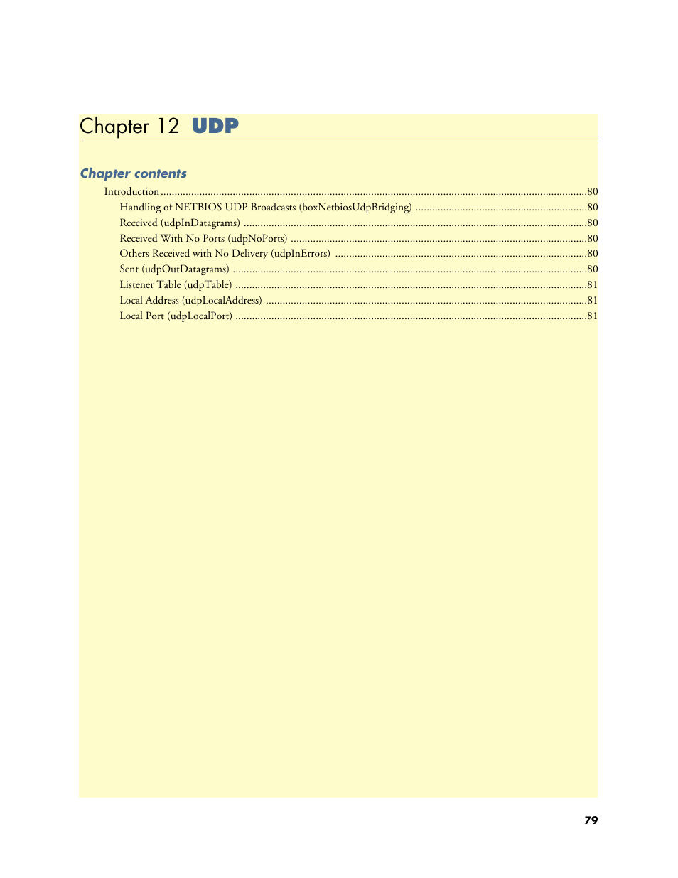Chapter 12 udp, 12 udp, Chapter 12 describes configuring the udp windo | Patton electronic Model 2604 User Manual | Page 81 / 148