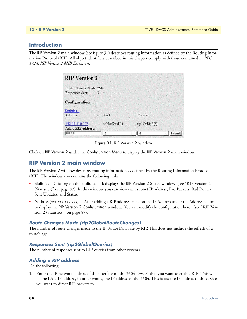 Introduction, Rip version 2 main window, Route changes made (rip2globalroutechanges) | Responses sent (rip2globalqueries), Adding a rip address, Introduction rip version 2 main window | Patton electronic Model 2604 User Manual | Page 86 / 148