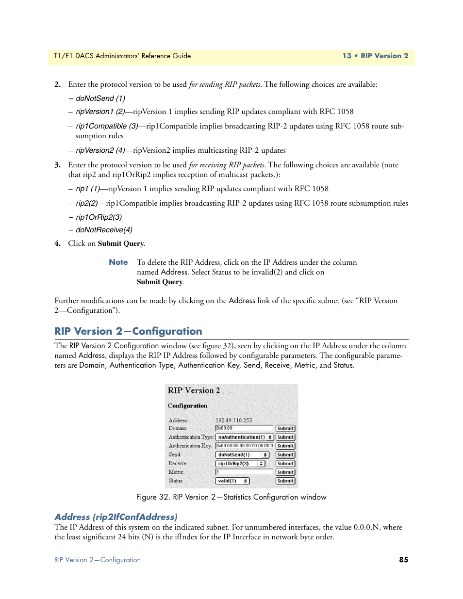 Rip version 2—configuration, Address (rip2ifconfaddress) | Patton electronic Model 2604 User Manual | Page 87 / 148