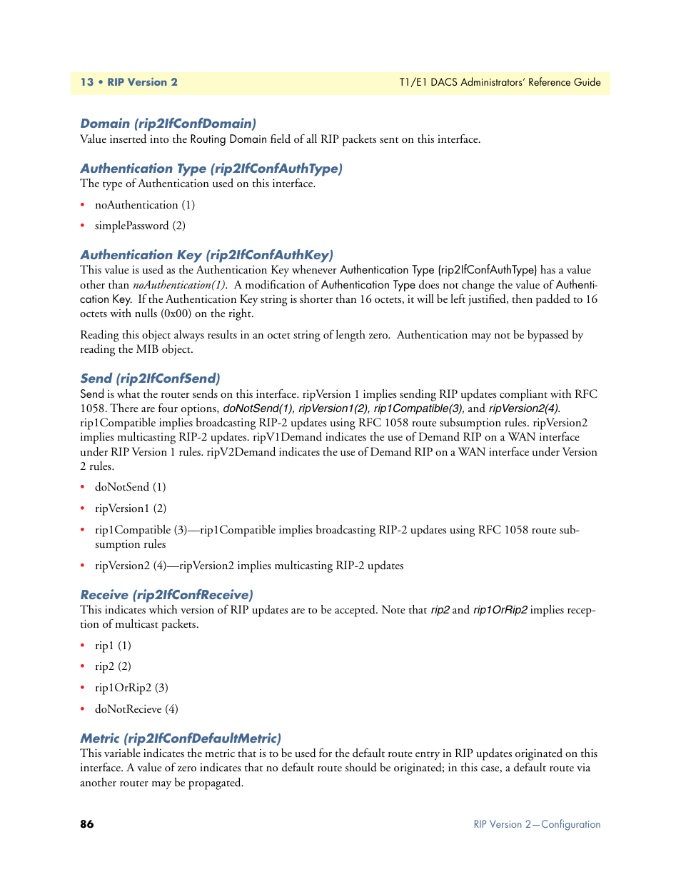 Domain (rip2ifconfdomain), Authentication type (rip2ifconfauthtype), Authentication key (rip2ifconfauthkey) | Send (rip2ifconfsend), Receive (rip2ifconfreceive), Metric (rip2ifconfdefaultmetric) | Patton electronic Model 2604 User Manual | Page 88 / 148