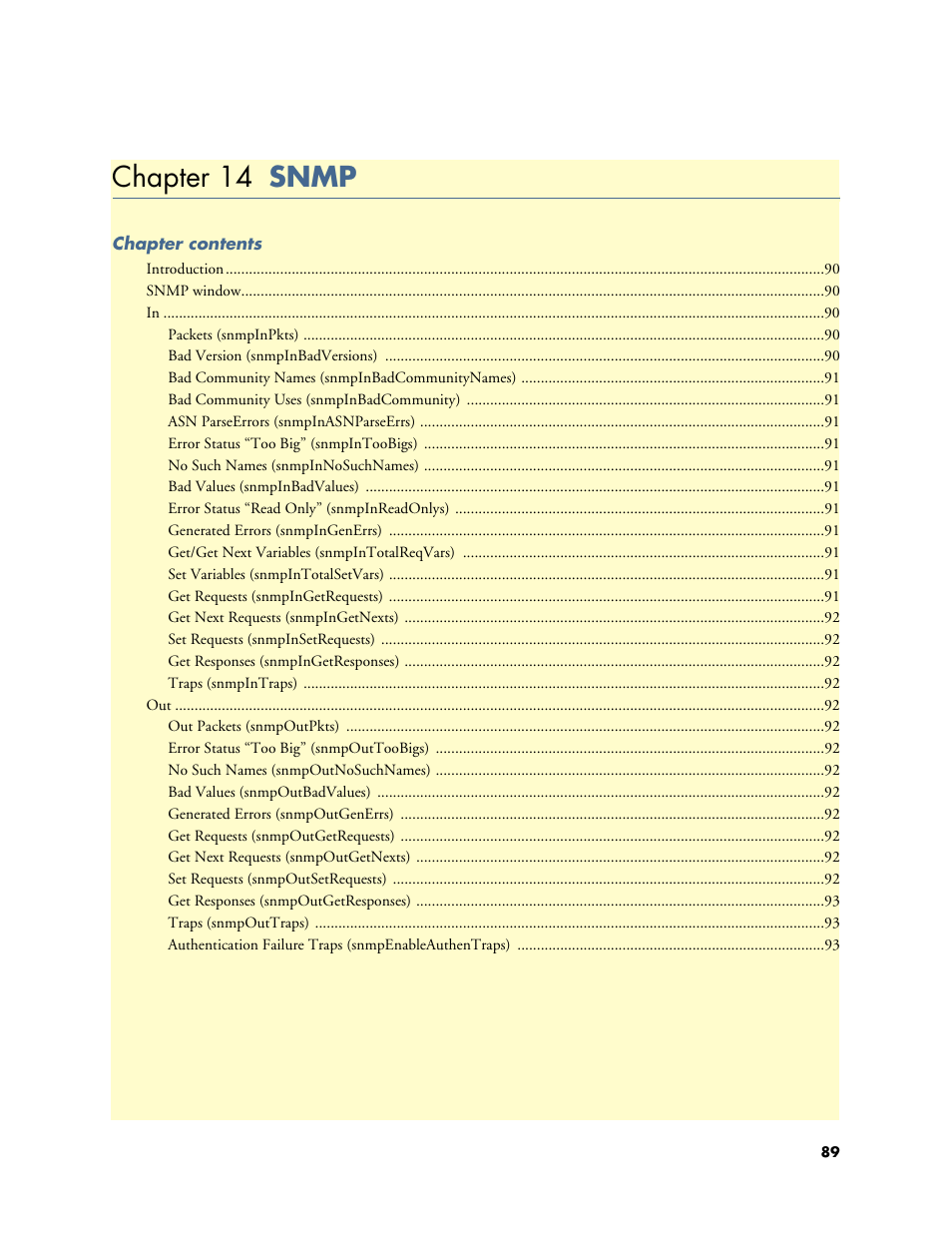 Chapter 14 snmp, 14 snmp, Chapter 14 describes configuring the snmp windo | Patton electronic Model 2604 User Manual | Page 91 / 148