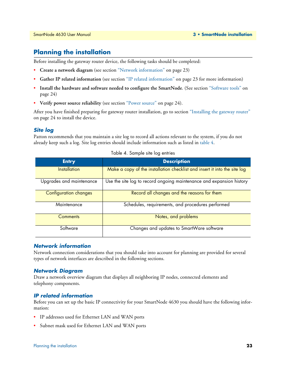 Planning the installation, Site log, Network information | Network diagram, Ip related information, Sample site log entries | Patton electronic SMARTNODE 4630 User Manual | Page 23 / 54