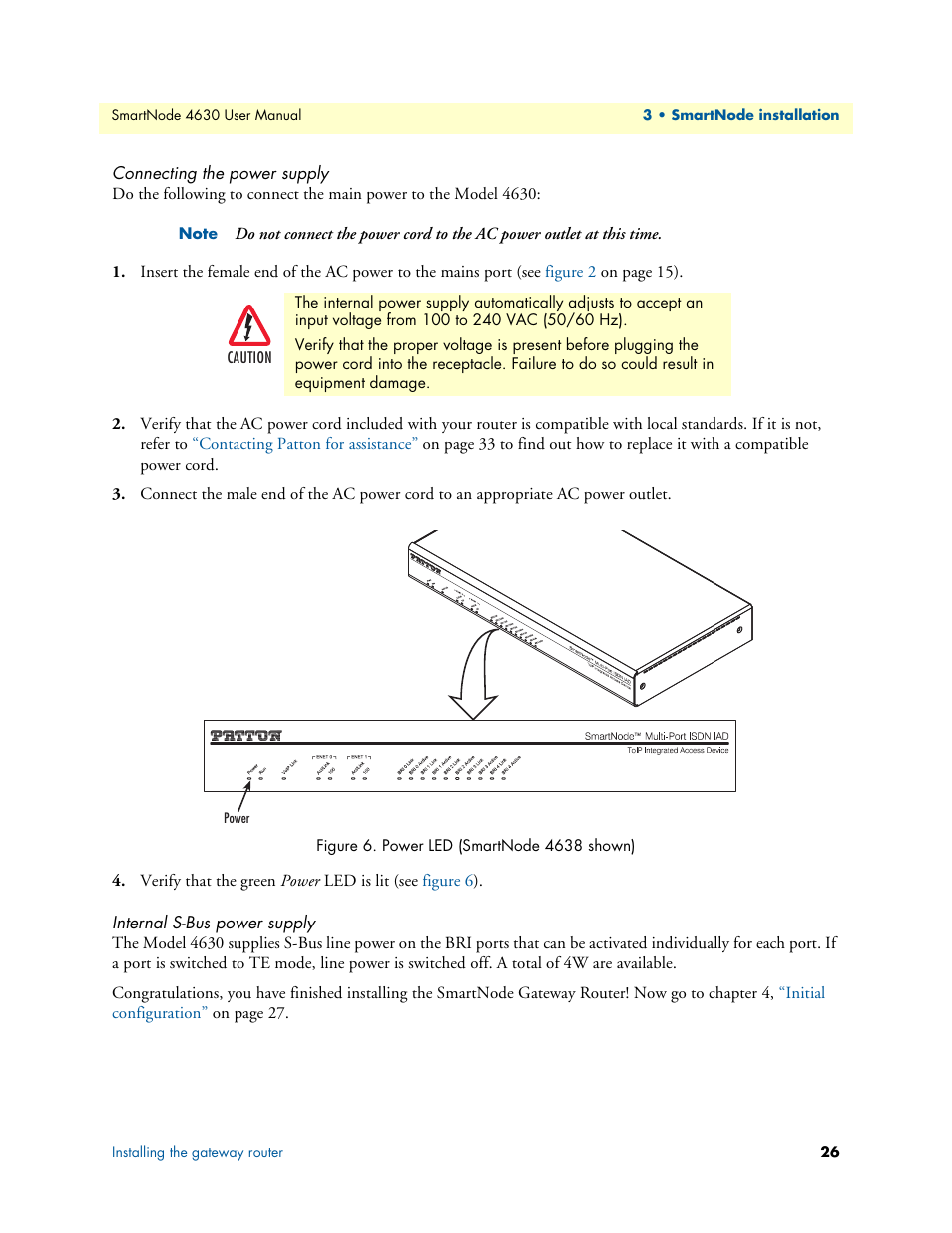 Connecting the power supply, Internal s-bus power supply, Power led (smartnode 4638 shown) | Patton electronic SMARTNODE 4630 User Manual | Page 26 / 54