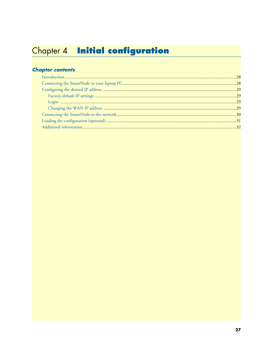 Chapter 4 initial configuration, Initial configuration, Chapter 4 | Initial, Configuration | Patton electronic SMARTNODE 4630 User Manual | Page 27 / 54