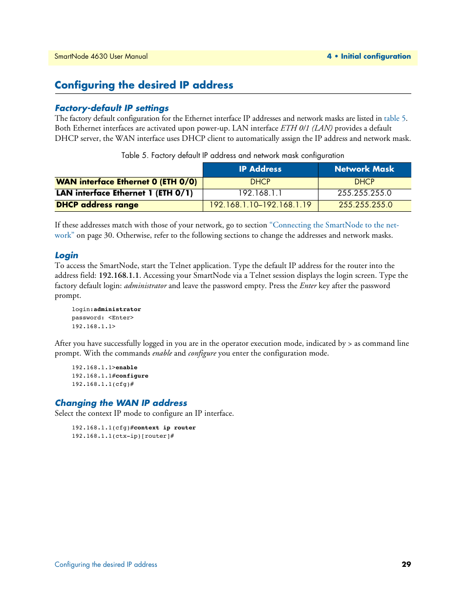 Configuring the desired ip address, Factory-default ip settings, Login | Changing the wan ip address | Patton electronic SMARTNODE 4630 User Manual | Page 29 / 54