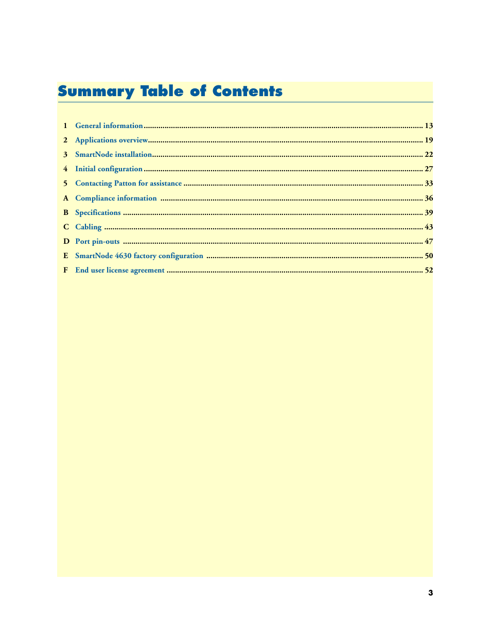 Summary table of contents, Summar y table of contents | Patton electronic SMARTNODE 4630 User Manual | Page 3 / 54