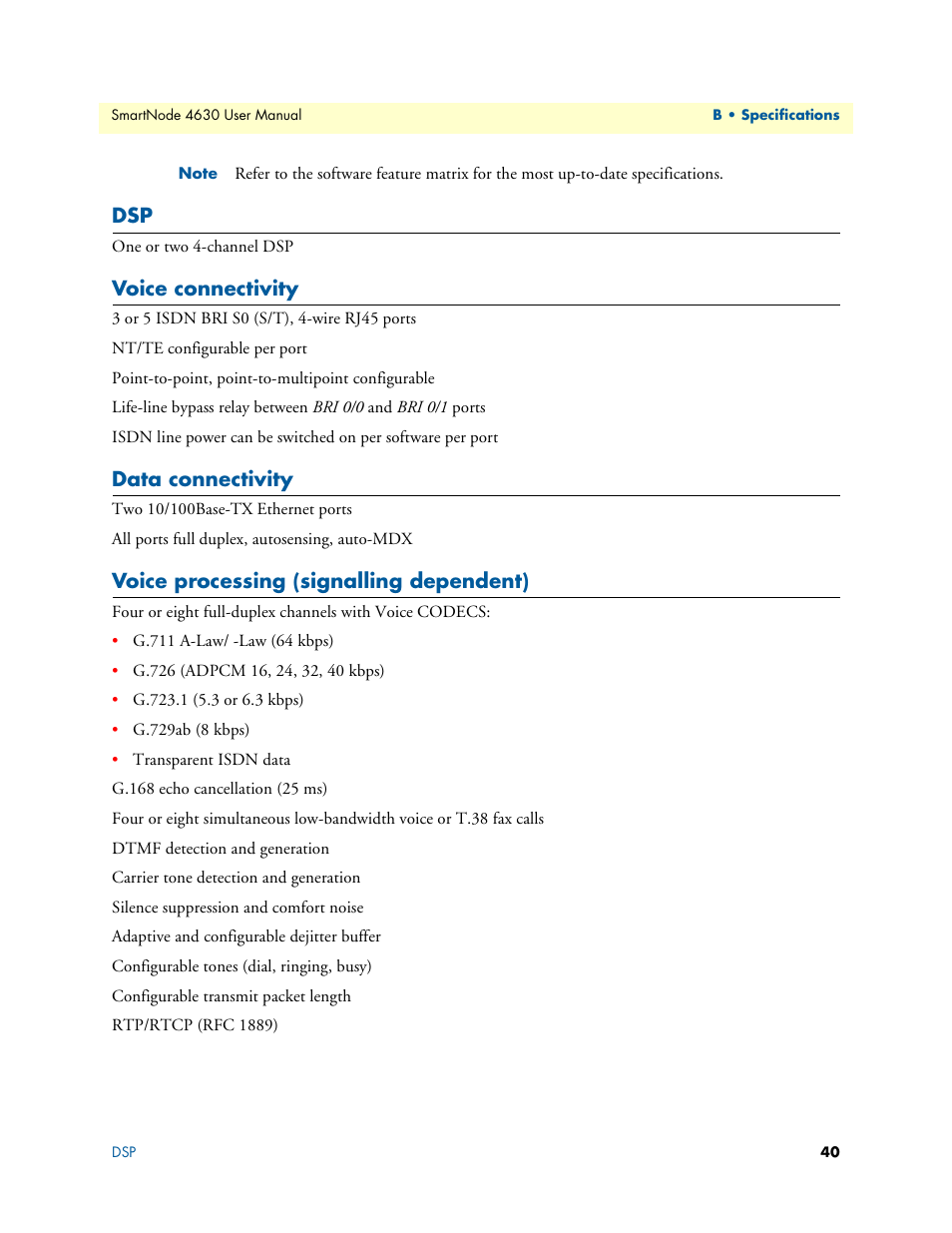 Voice connectivity, Data connectivity, Voice processing (signalling dependent) | Patton electronic SMARTNODE 4630 User Manual | Page 40 / 54