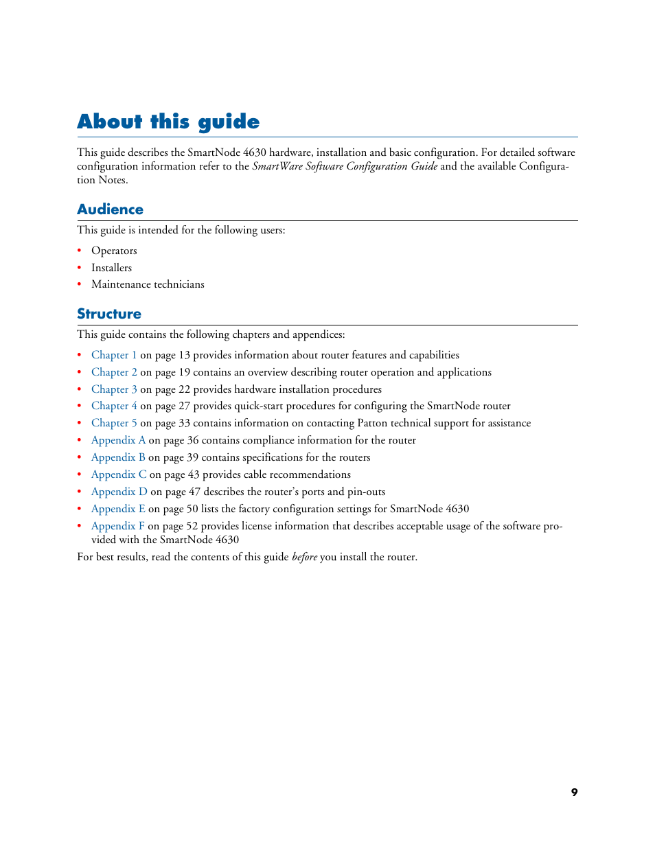 About this guide, Audience, Structure | Patton electronic SMARTNODE 4630 User Manual | Page 9 / 54