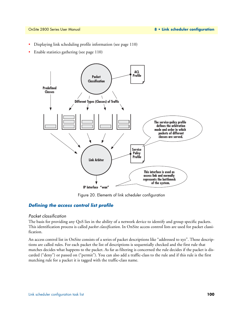 Defining the access control list profile, Packet classification, Elements of link scheduler configuration | Patton electronic ONSITE 2800 User Manual | Page 100 / 135