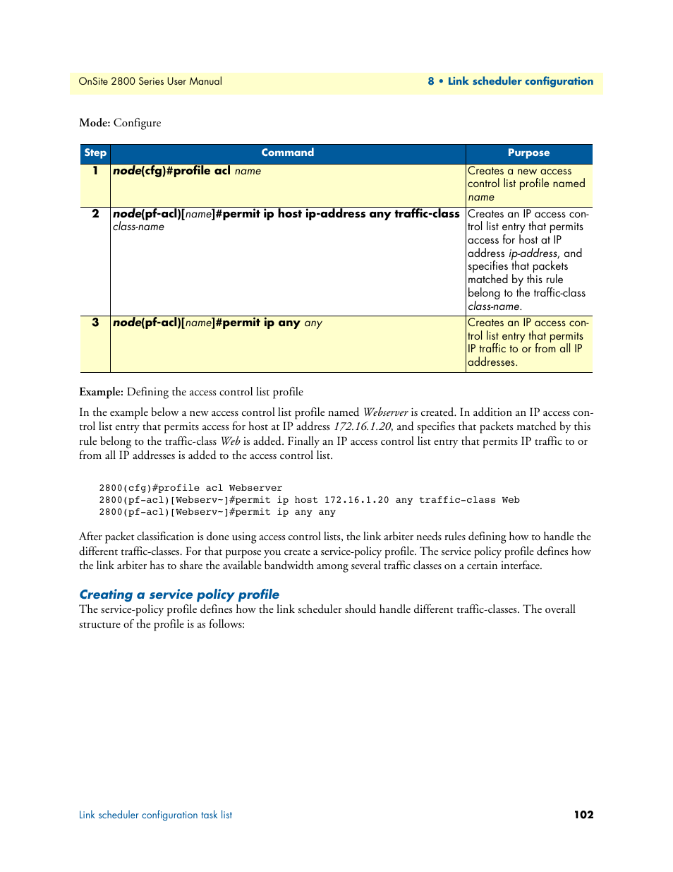 Creating a service policy profile | Patton electronic ONSITE 2800 User Manual | Page 102 / 135