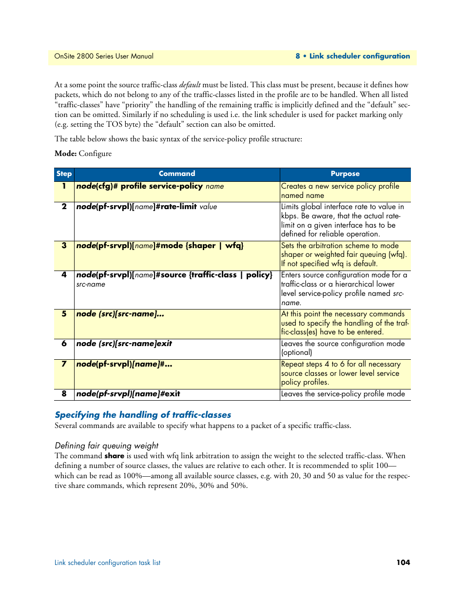 Specifying the handling of traffic-classes, Defining fair queuing weight | Patton electronic ONSITE 2800 User Manual | Page 104 / 135