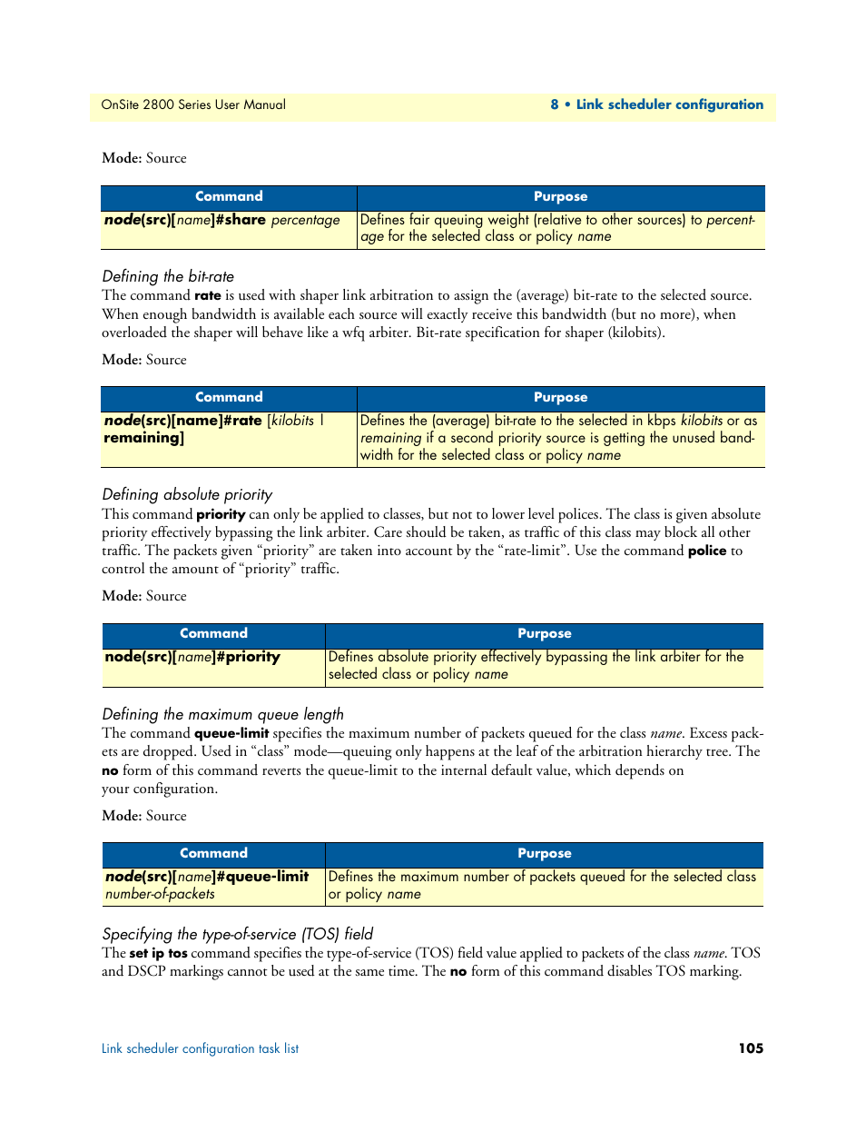 Defining the bit-rate, Defining absolute priority, Defining the maximum queue length | Specifying the type-of-service (tos) field | Patton electronic ONSITE 2800 User Manual | Page 105 / 135