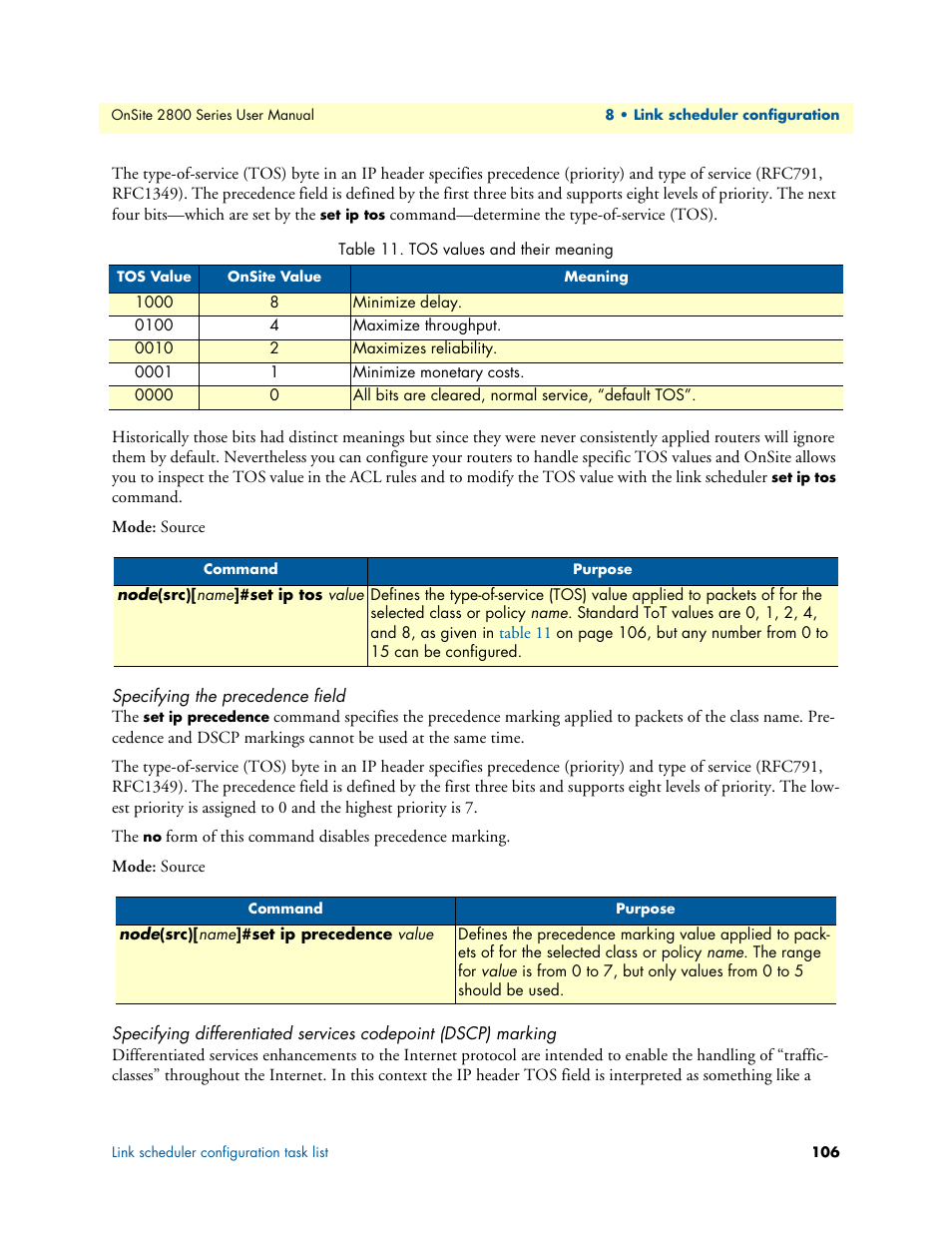 Specifying the precedence field, Tos values and their meaning | Patton electronic ONSITE 2800 User Manual | Page 106 / 135