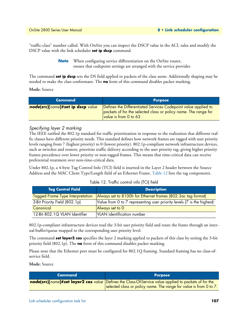 Specifying layer 2 marking, Traffic control info (tci) field | Patton electronic ONSITE 2800 User Manual | Page 107 / 135