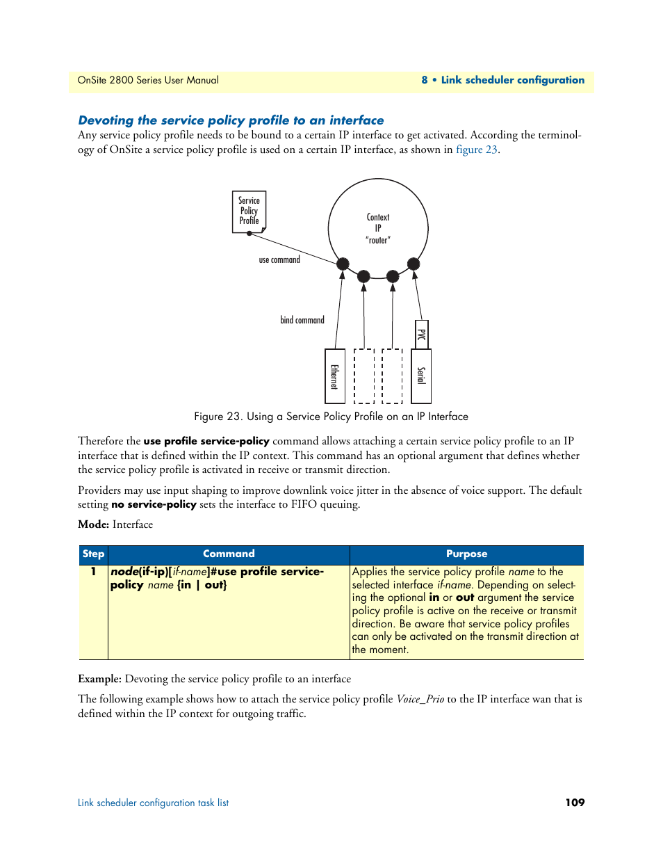 Using a service policy profile on an ip interface | Patton electronic ONSITE 2800 User Manual | Page 109 / 135