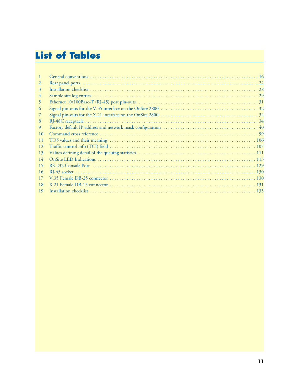 List of tables, Li st of tables | Patton electronic ONSITE 2800 User Manual | Page 11 / 135