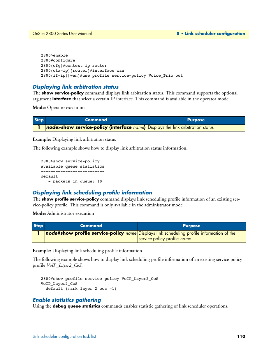 Displaying link arbitration status, Displaying link scheduling profile information, Enable statistics gathering | Patton electronic ONSITE 2800 User Manual | Page 110 / 135