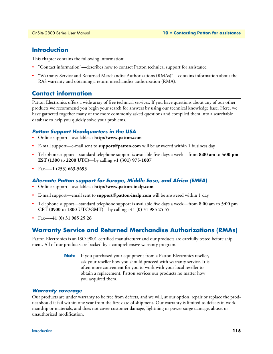 Introduction, Contact information, Patton support headquarters in the usa | Warranty coverage | Patton electronic ONSITE 2800 User Manual | Page 115 / 135