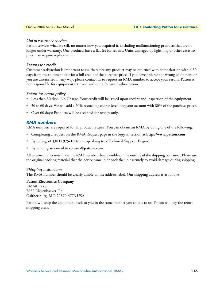 Out-of-warranty service, Returns for credit, Return for credit policy | Rma numbers, Shipping instructions | Patton electronic ONSITE 2800 User Manual | Page 116 / 135